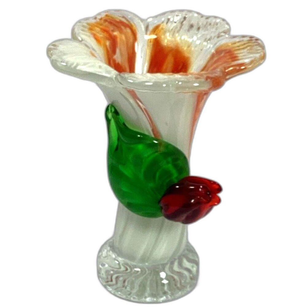 Hand Blown Art Glass Vase Orange White Swirl Ruffled MCM Decor